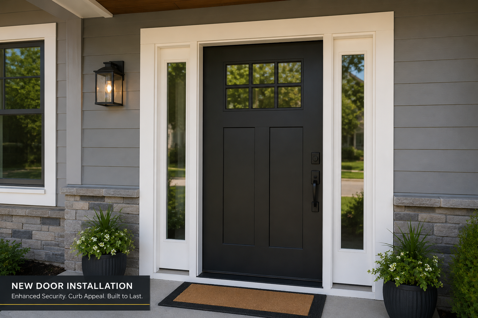 New black craftsman entry door with sidelites and white trim