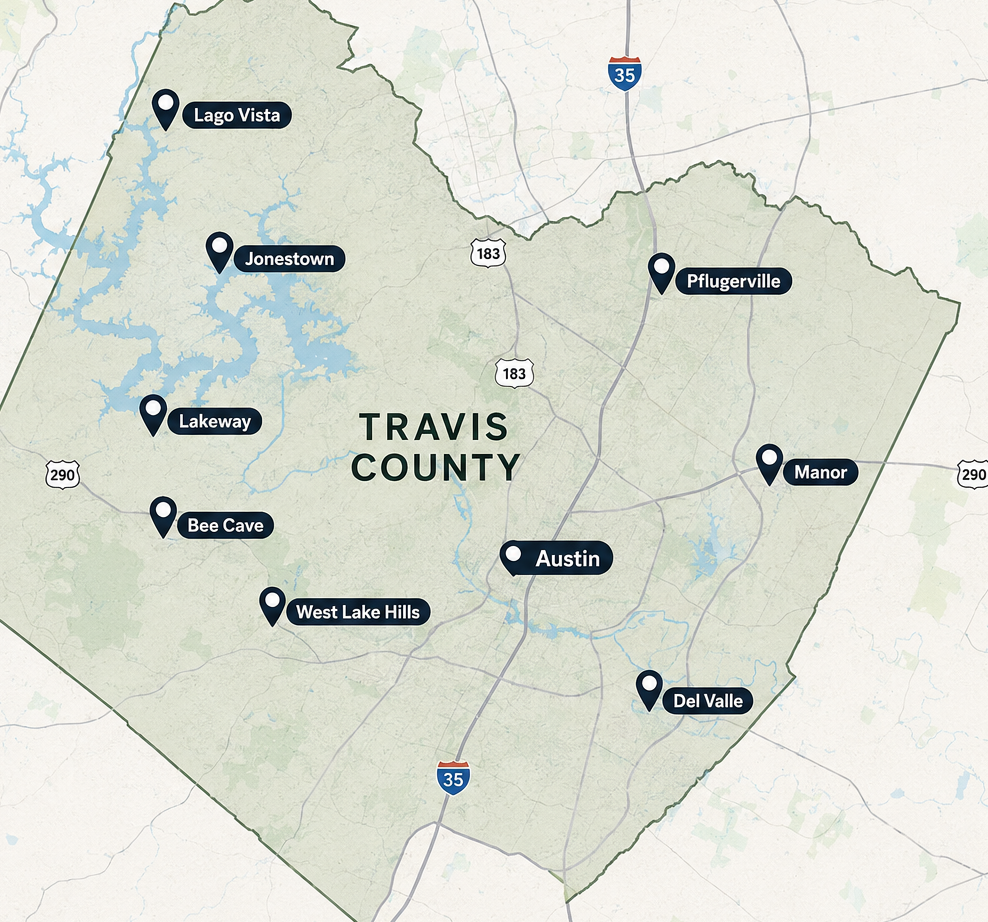 Map of the American Siding & Window Co. service area across Travis County, Texas