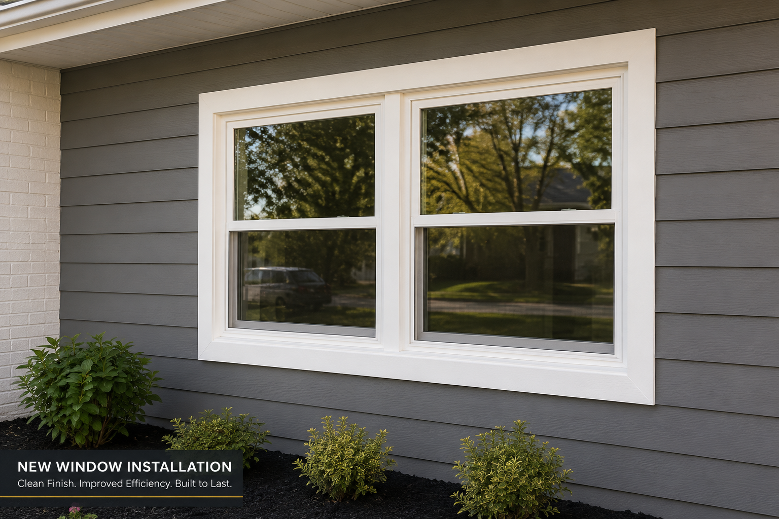 New double-hung window installation with crisp white trim on gray siding